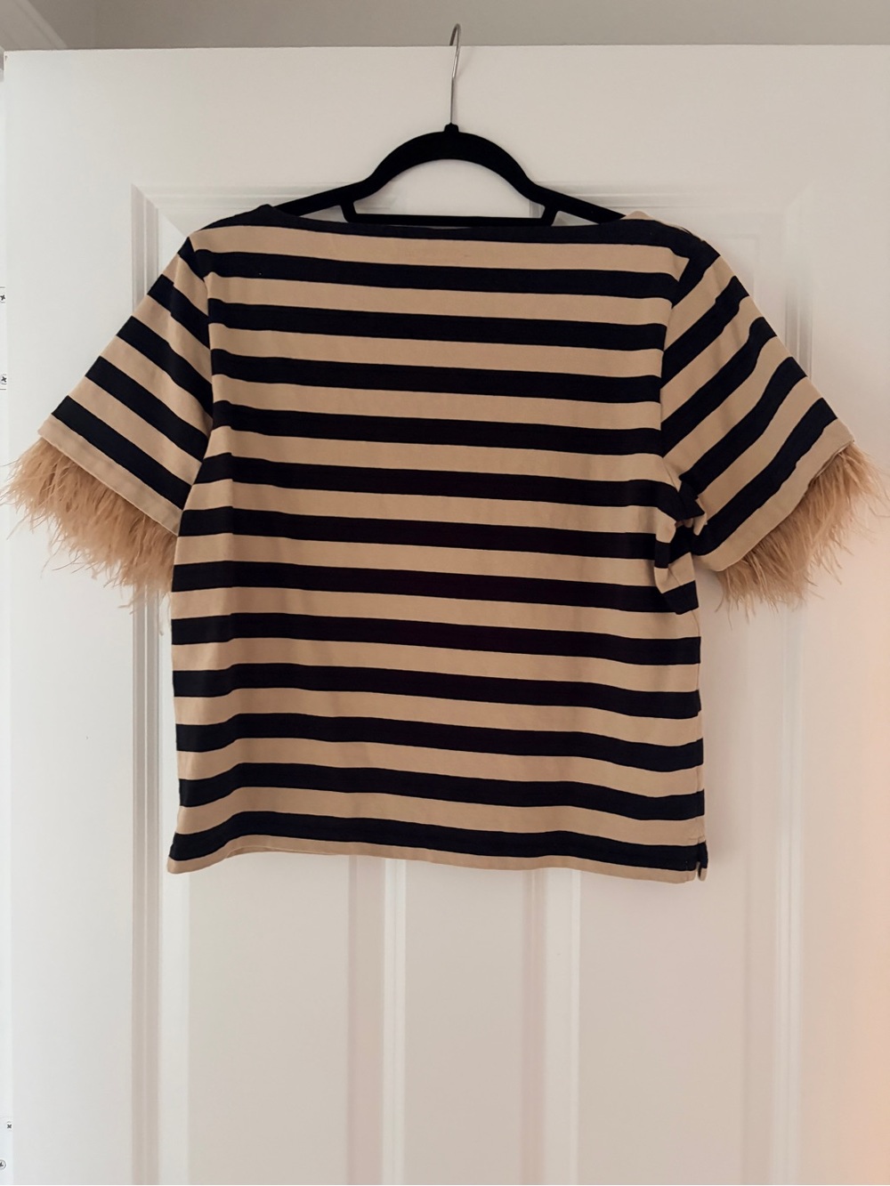 J. Crew Black and Beige Striped Tee with Feather Sleeve Detail - Picture 5 of 6
